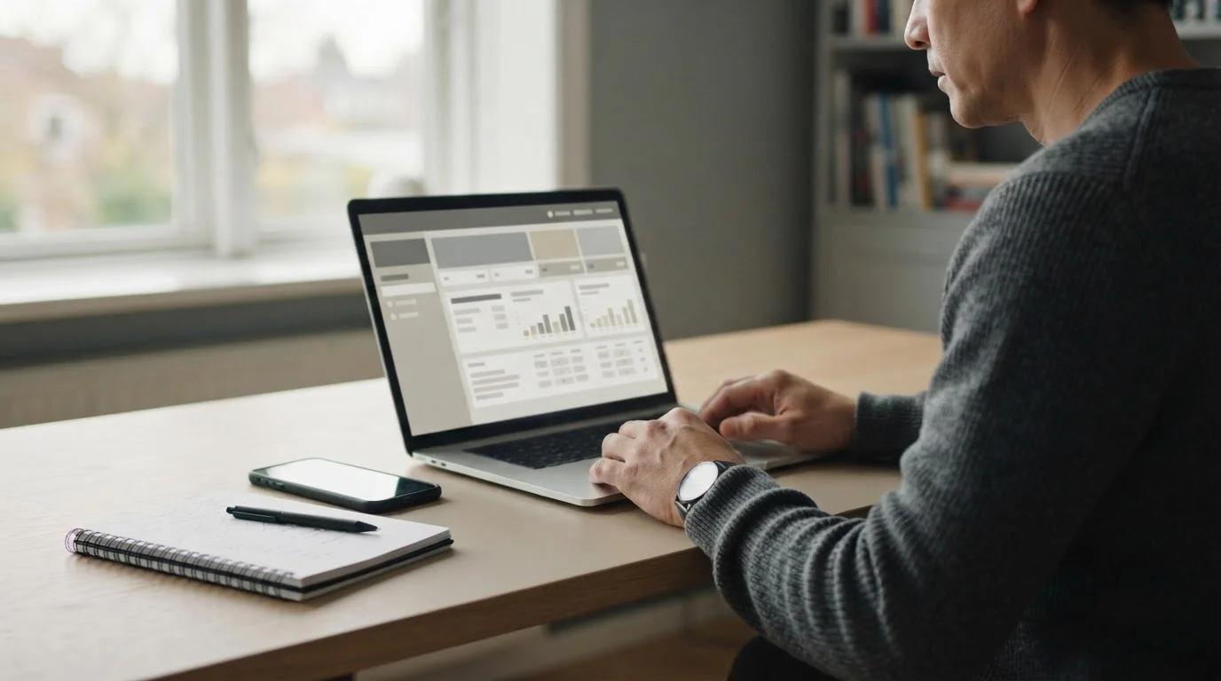 Laptop mit Sportwetten-Analyse und kleinem Einzahlungsbetrag auf neutralem Schreibtisch