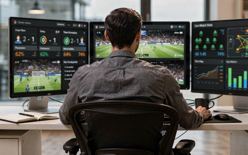 Person analysiert Fußballdaten auf mehreren Bildschirmen