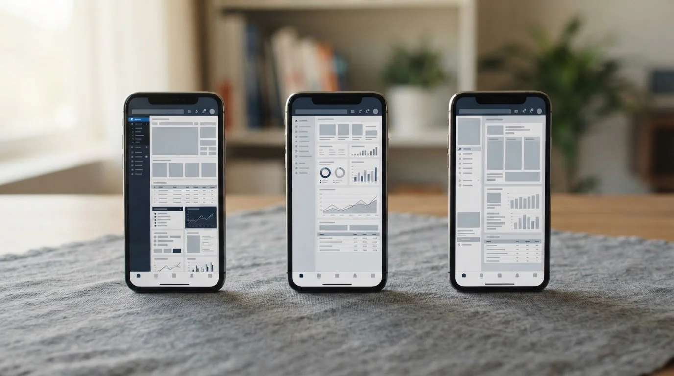 Mehrere Smartphones nebeneinander mit abstrakten App-Oberflächen für den Anbietervergleich