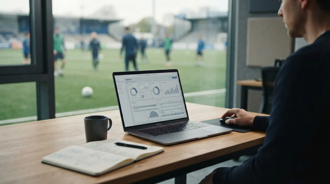 Analyse von Nations-League-Wettquoten auf einem Laptop mit Fußball im Hintergrund
