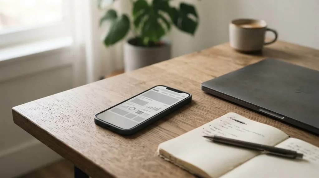 Smartphone mit neutraler Wett-App-Oberfläche auf einem Schreibtisch neben einem Laptop