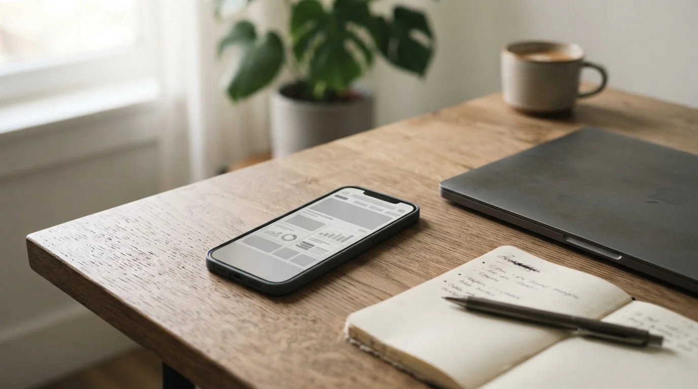 Smartphone mit neutraler Wett-App-Oberfläche auf einem Schreibtisch neben einem Laptop