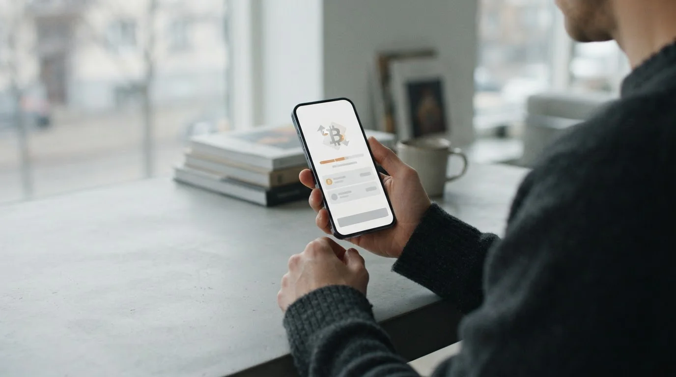Smartphone zeigt Bitcoin-Transaktion mit abstraktem Zahlungsinterface