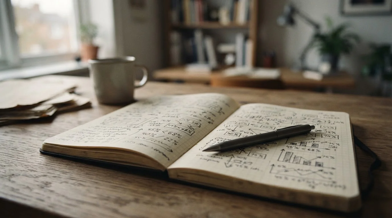 Nahaufnahme eines Notizblocks mit handschriftlichen Berechnungen zu Bonusbedingungen und Umsatzanforderungen