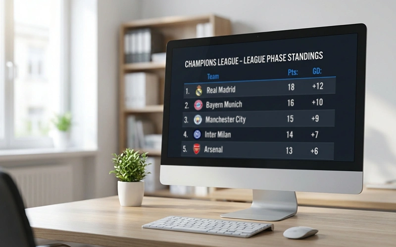 Übersichtliche Tabelle der Champions-League-Ligaphase auf einem Bildschirm