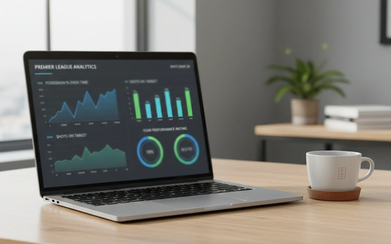 Laptop mit Fußballstatistiken und Datenvisualisierung auf dem Bildschirm