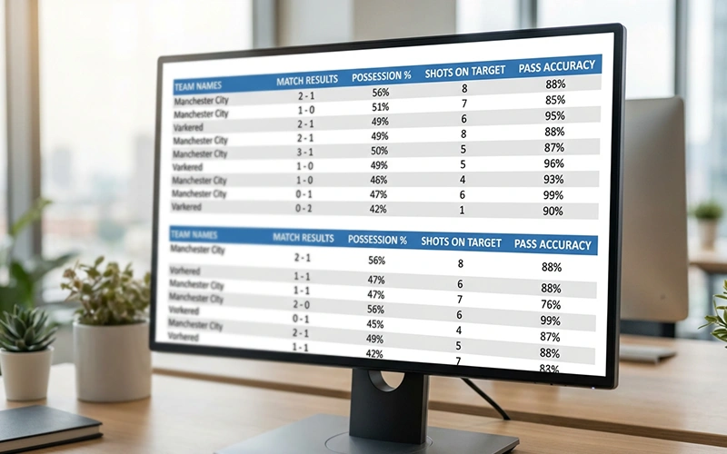Bildschirm mit statistischen Tabellen und Fußballdaten