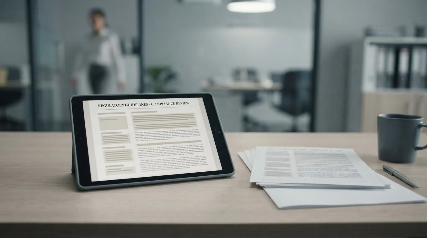 Regulatorische Dokumente und Tablet mit Lizenzinformationen