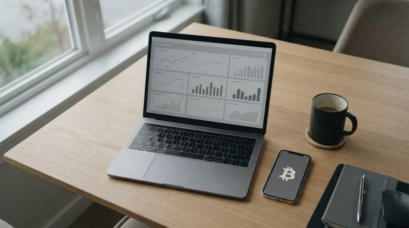 Bitcoin-Symbol neben abstraktem Sportwetten-Interface auf Laptop-Bildschirm