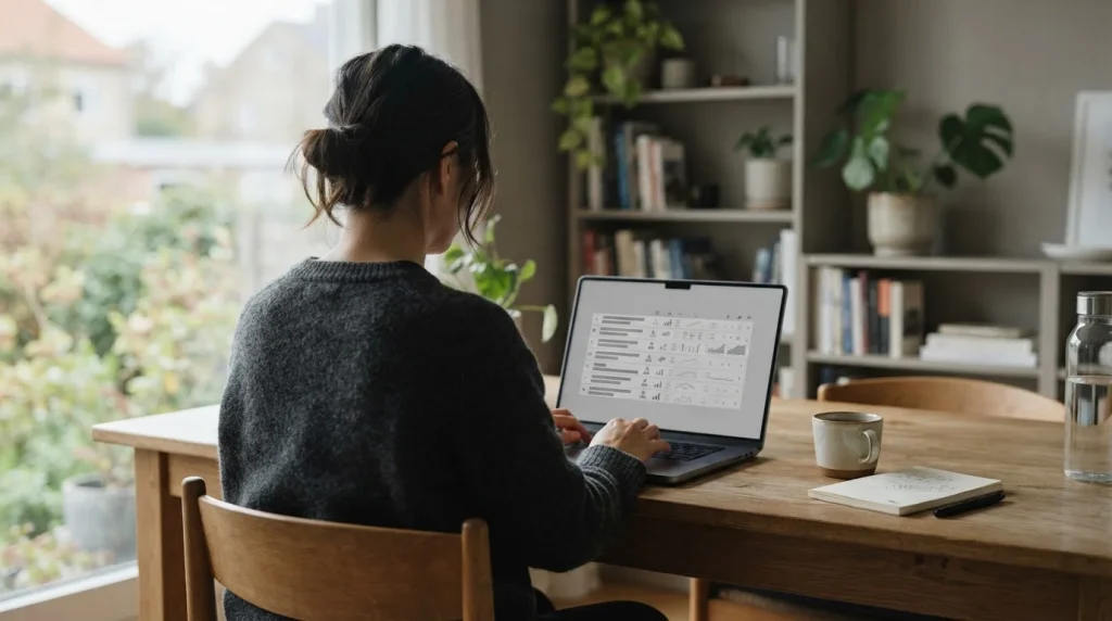 Person analysiert lizenzierte Wettanbieter am Laptop in ruhigem Arbeitsumfeld