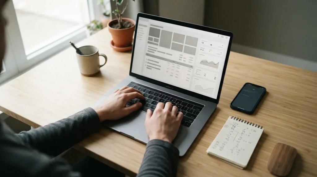 Person am Laptop vergleicht Wettanbieter mit niedrigen Mindesteinzahlungen