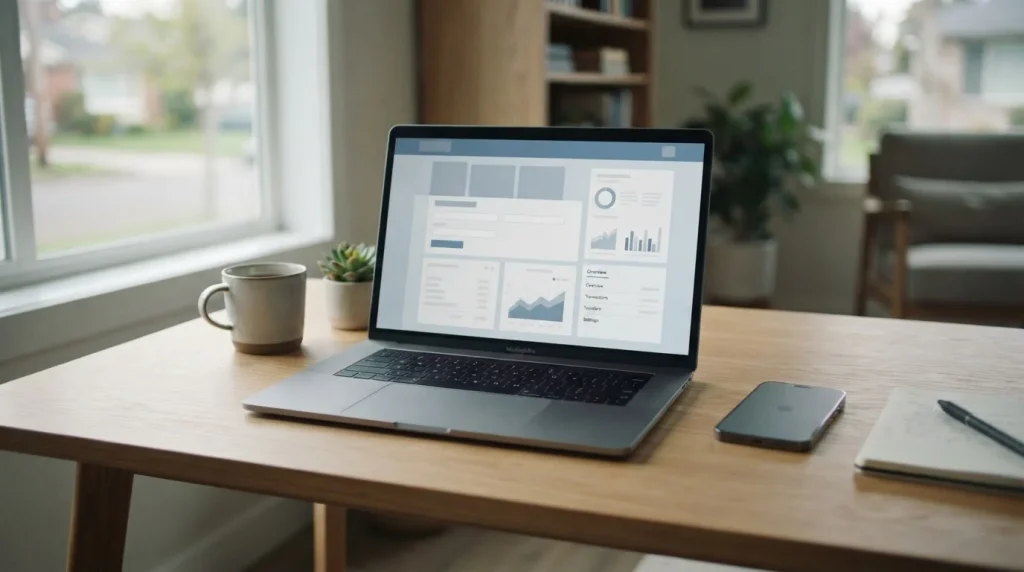 Online-Banking-Oberfläche auf Laptop mit abstrakten Zahlungsdaten für Sportwetten