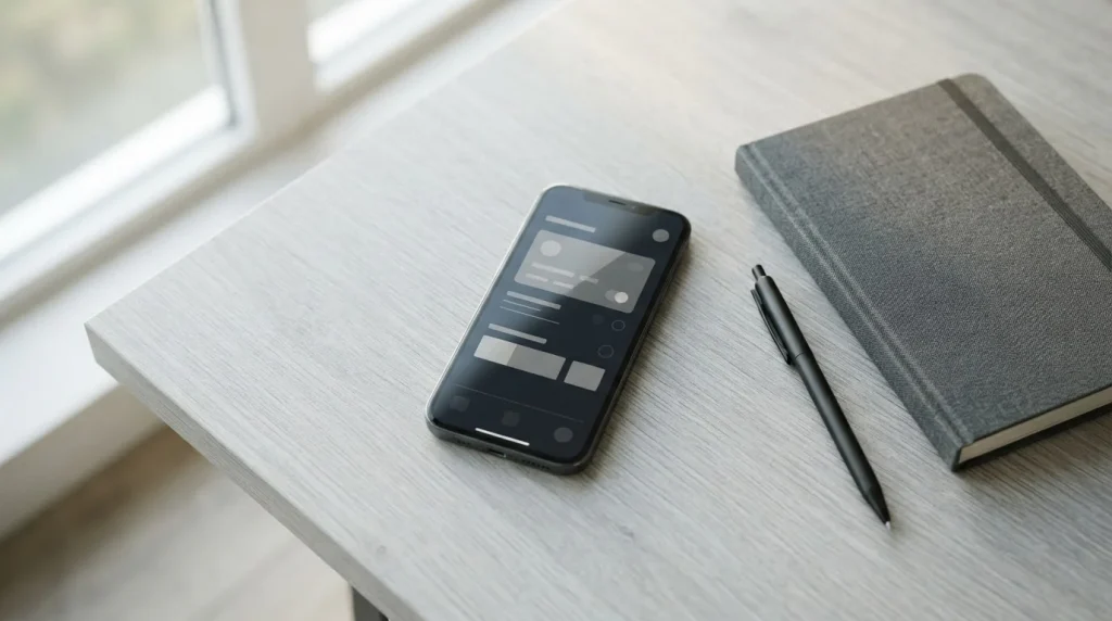 Smartphone mit Zimpler-Zahlungsschnittstelle auf aufgeräumtem Schreibtisch