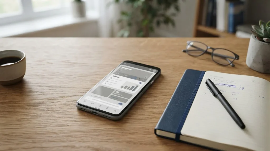 Smartphone mit abstraktem Wettanbieter-Interface auf einem Schreibtisch, symbolisiert das Konzept des Wettens ohne traditionelle Anmeldung