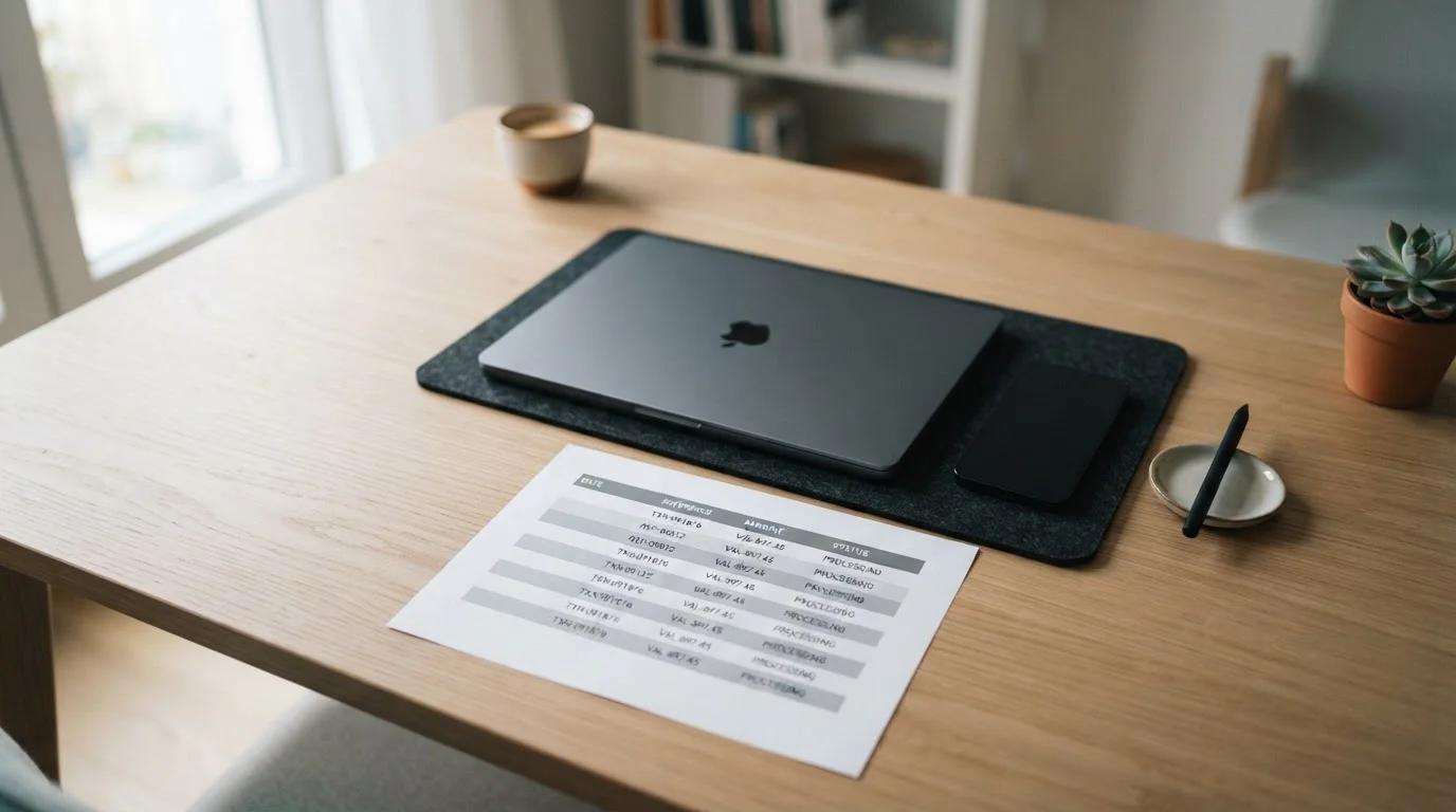 Laptop mit abstraktem Datenblatt und Smartphone auf Schreibtisch, Konzept Datenschutz bei Wettanbietern