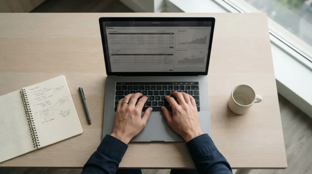 Person analysiert Wettseiten-Vergleich auf Laptop in ruhiger Arbeitsumgebung