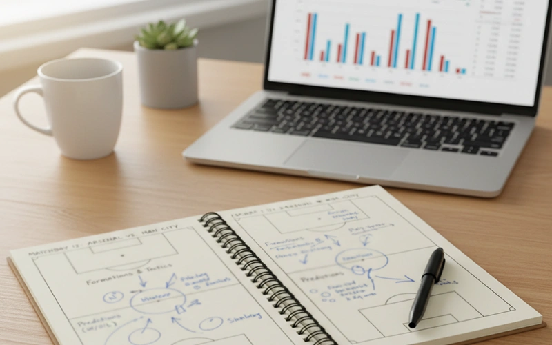 Notizbuch mit handschriftlichen Analysen neben einem Laptop mit Fußballstatistiken