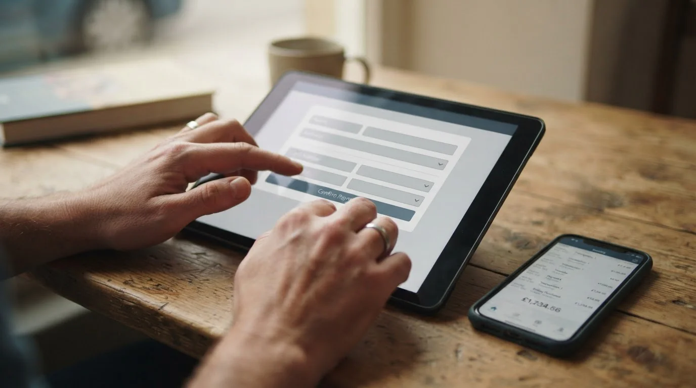 Hände tippen IBAN in Zahlungsformular auf Tablet ein, neutrale Banking-Oberfläche
