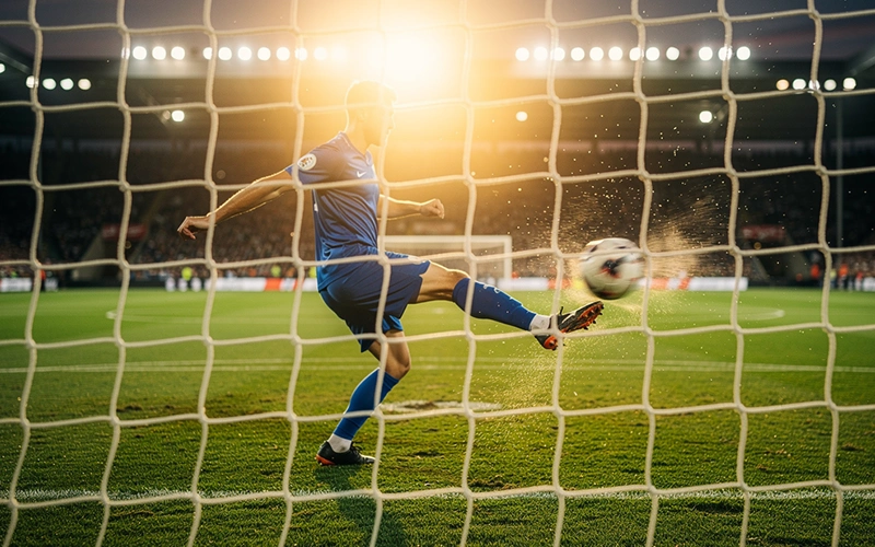 Fußballspieler beim Torschuss im Strafraum mit Visualisierung der Torwahrscheinlichkeit