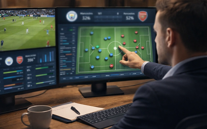 Fußballexperte analysiert taktische Aufstellungen auf einem Bildschirm