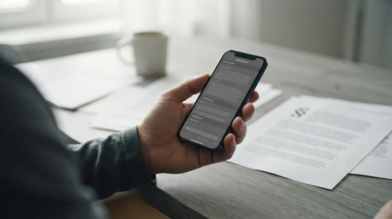 Hand hält Smartphone mit Blick auf neutrale Bedingungen-Seite, Dokument mit Paragraphenzeichen im Hintergrund