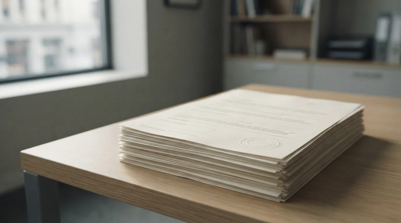 Offizielle Dokumente und gestempeltes Papier symbolisieren den Lizenzierungsprozess