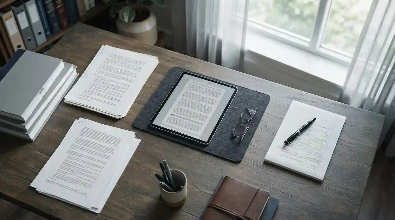 Offizielle Dokumente und Tablet mit Regulierungstext auf Schreibtisch