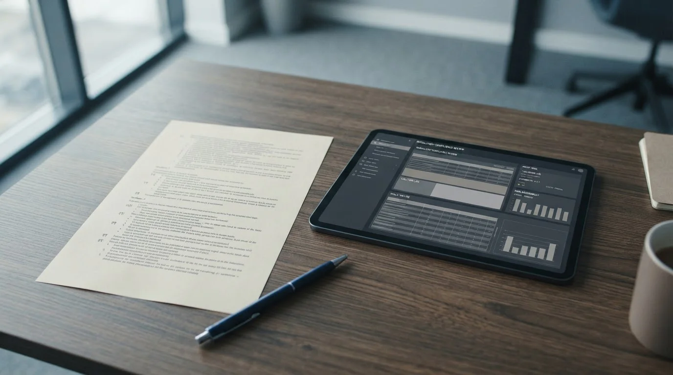 Dokument mit Paragraphenzeichen und Tablet mit Verwaltungsoberfläche symbolisieren rechtliche Rahmenbedingungen