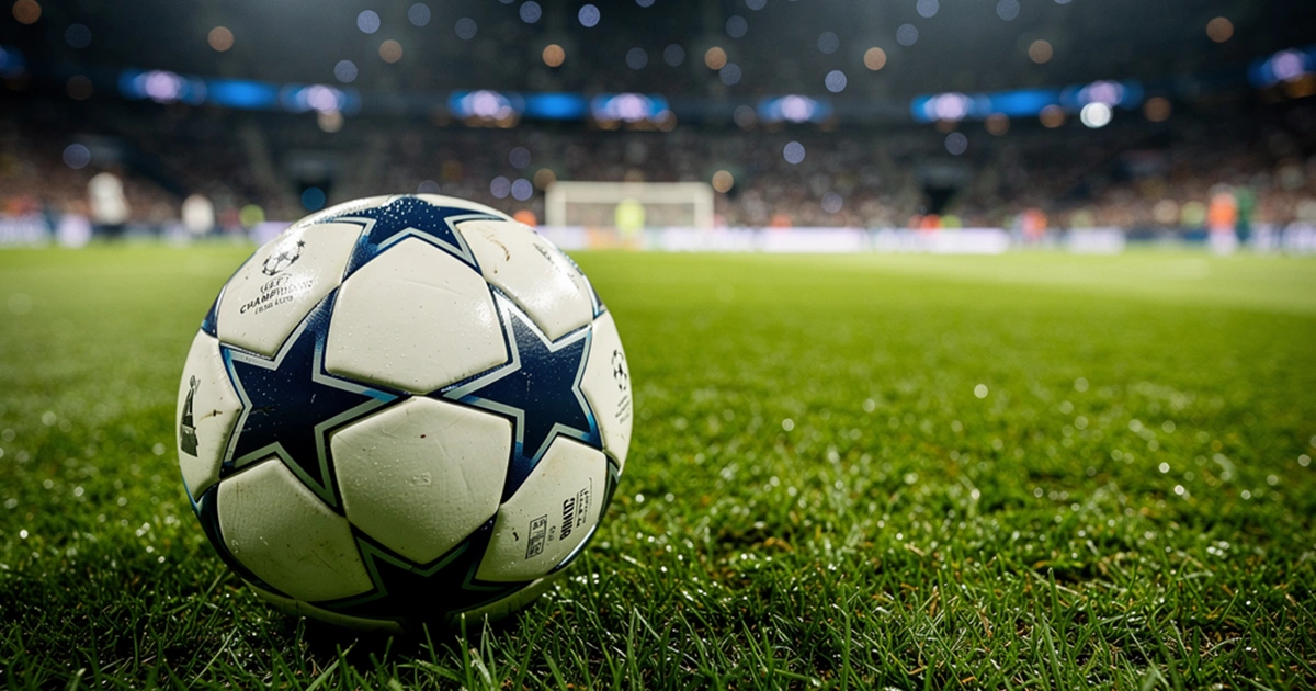 Champions League Fußball im Flutlicht eines Stadions bei Nacht