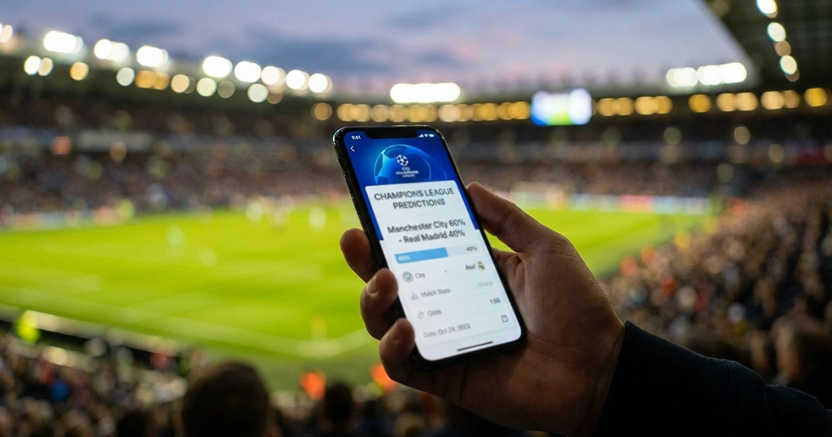 Smartphone zeigt kostenlose Fußballprognosen vor Stadionhintergrund