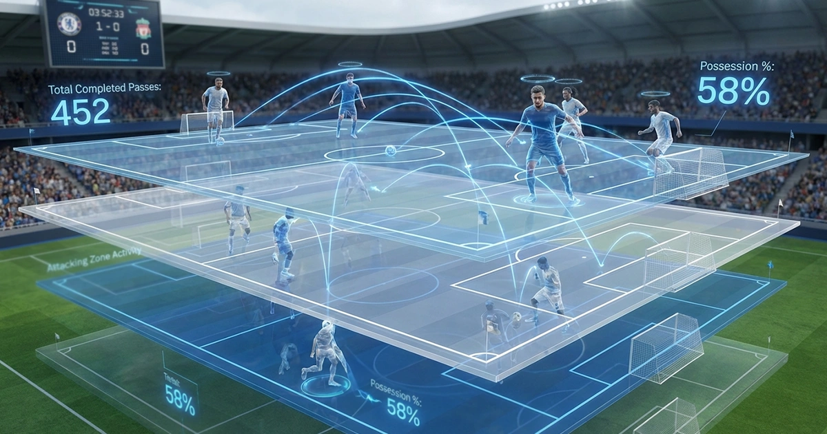Abstrakte Visualisierung einer Fußballsimulation mit vielen Spielverläufen