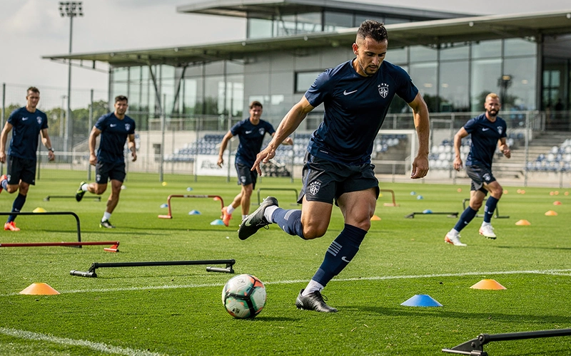 Professionelle Fußballspieler beim Training auf dem Trainingsplatz