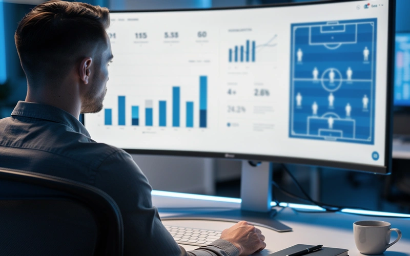 Analyst betrachtet Fußballstatistiken auf einem großen Bildschirm