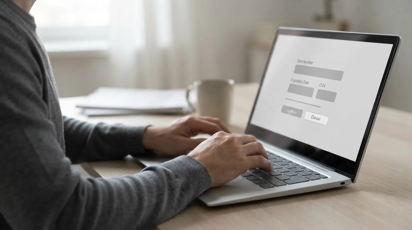 Hände am Laptop während einer Online-Zahlung mit abstrakten Formularen auf dem Bildschirm