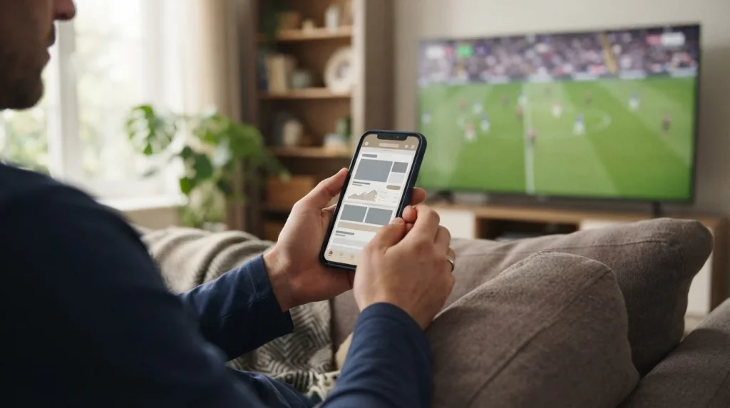 Live-Wetten auf dem Smartphone während ein Fußballspiel im Hintergrund läuft