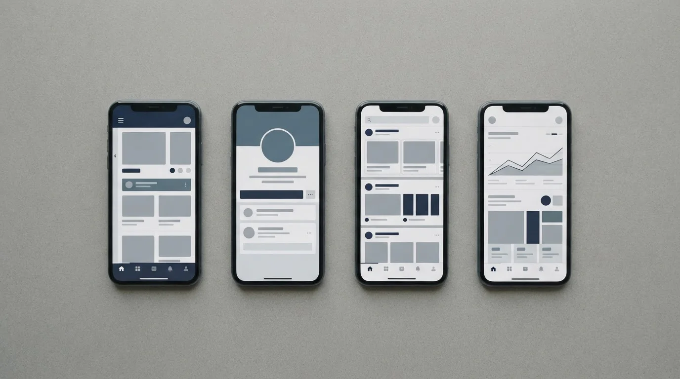 Mehrere Smartphones nebeneinander mit neutralen App-Oberflächen im Vergleich