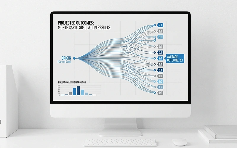 Diagramm zeigt mehrere Simulationsdurchläufe mit verschiedenen Ergebnissen