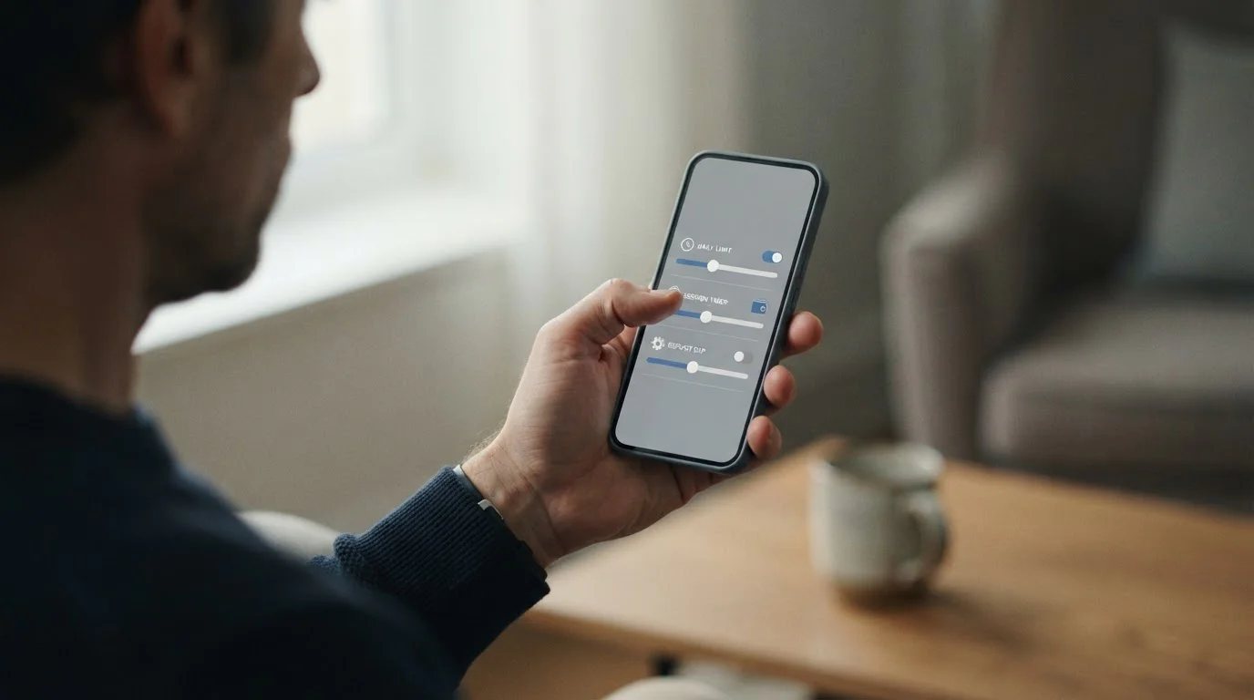 Hand setzt Einzahlungslimit auf einem Smartphone mit neutraler Oberfläche