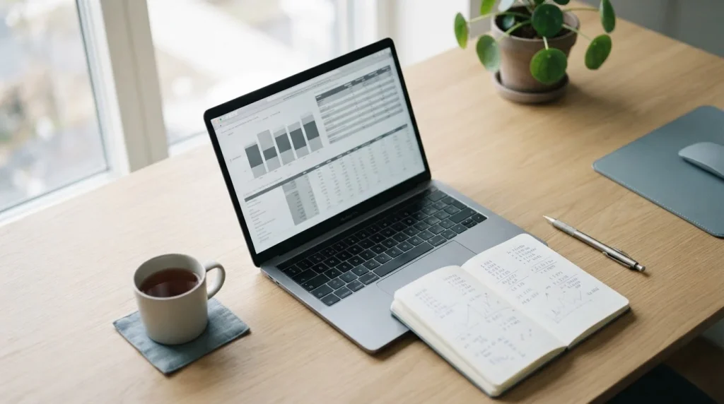 Analytischer Arbeitsplatz mit Laptop und Notizen zum Vergleich deutscher Sportwettenanbieter