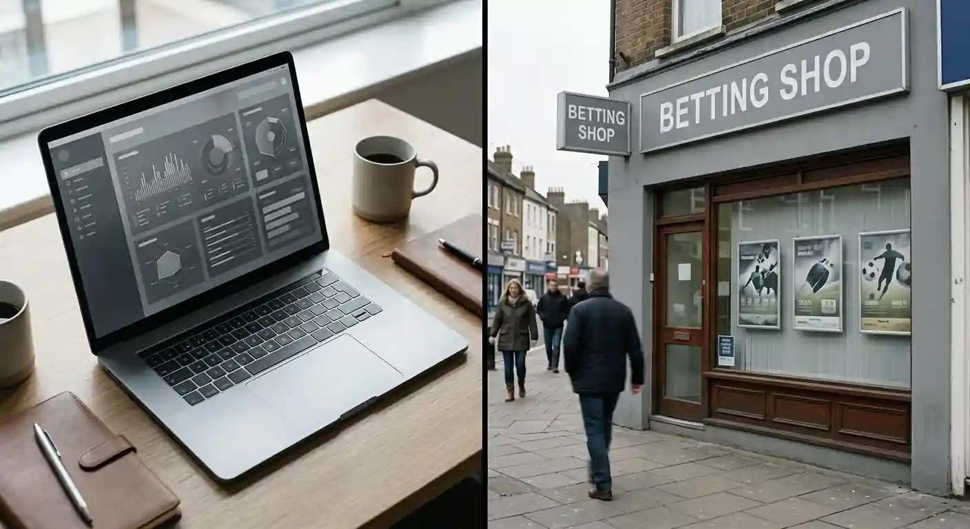 Split-Screen-Ansicht zeigt Online-Plattform und Wettshop-Fassade