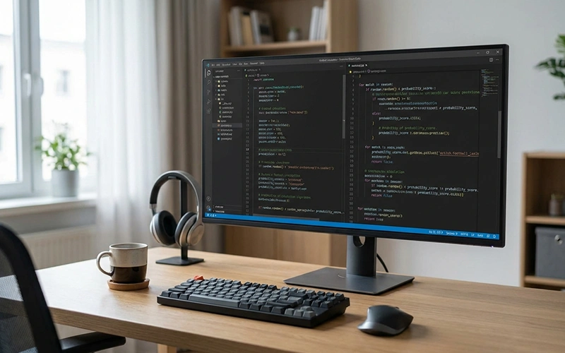 Computerbildschirm zeigt Programmcode für eine Fußballsimulation