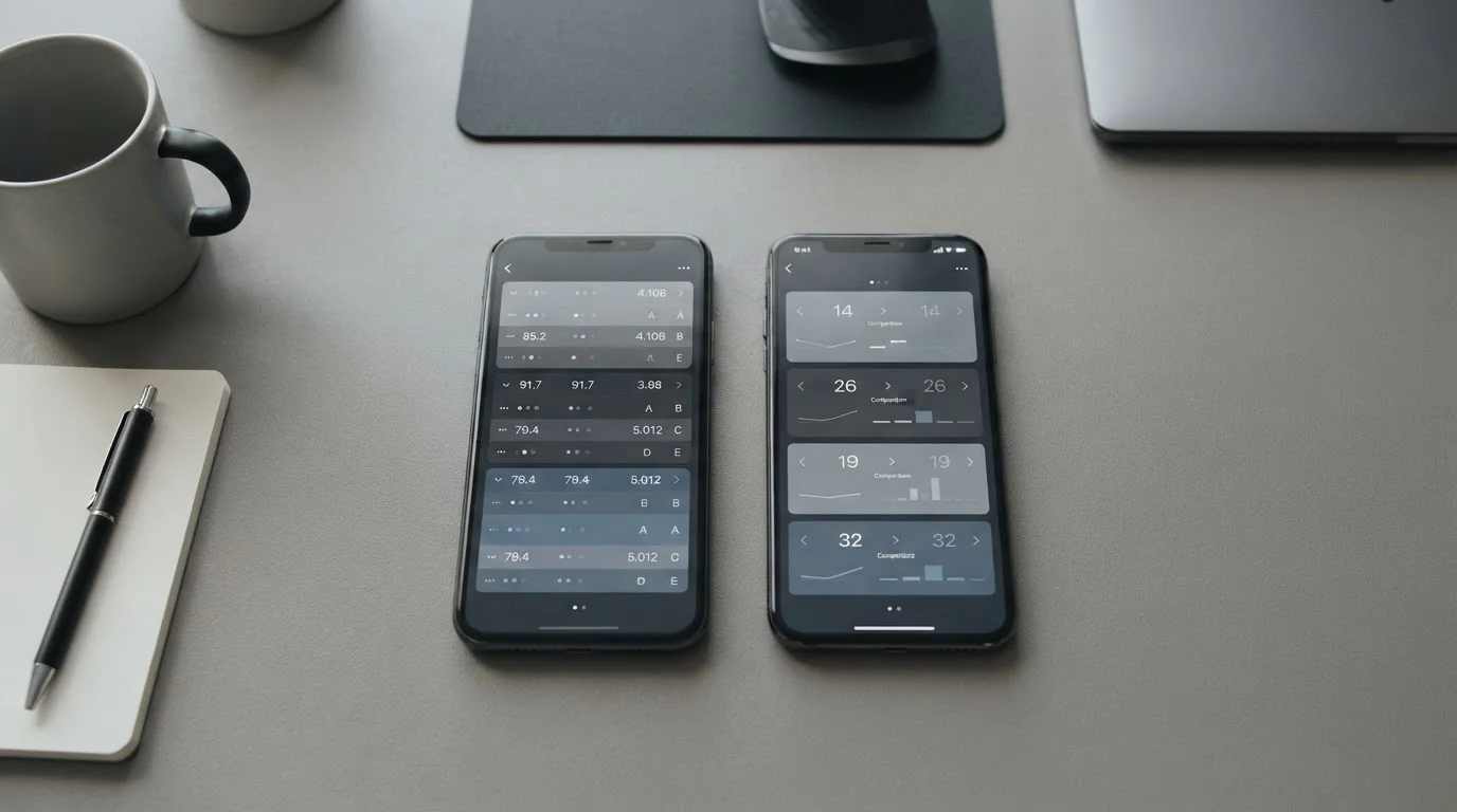 Smartphone und Tablet mit abstrakten Vergleichstools nebeneinander