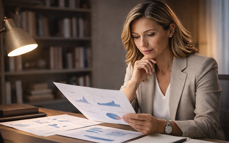Person am Schreibtisch analysiert Dokumente mit nachdenklichem Gesichtsausdruck