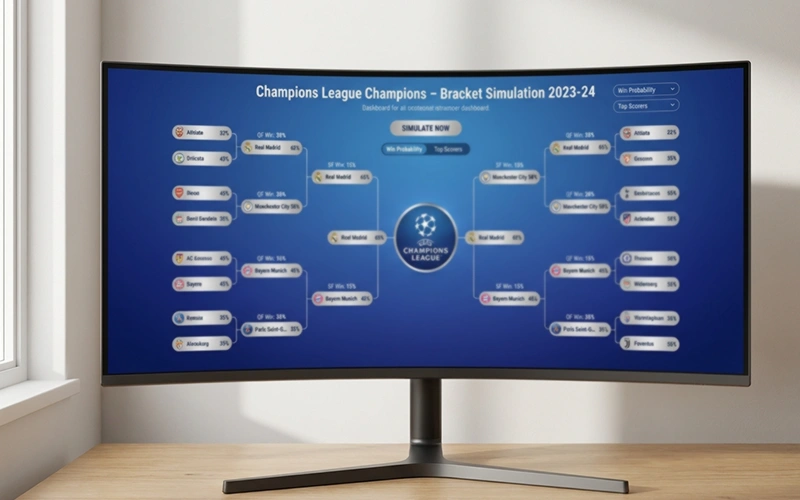 Bildschirm mit Turnierbaum-Simulation und Wahrscheinlichkeitsanzeigen