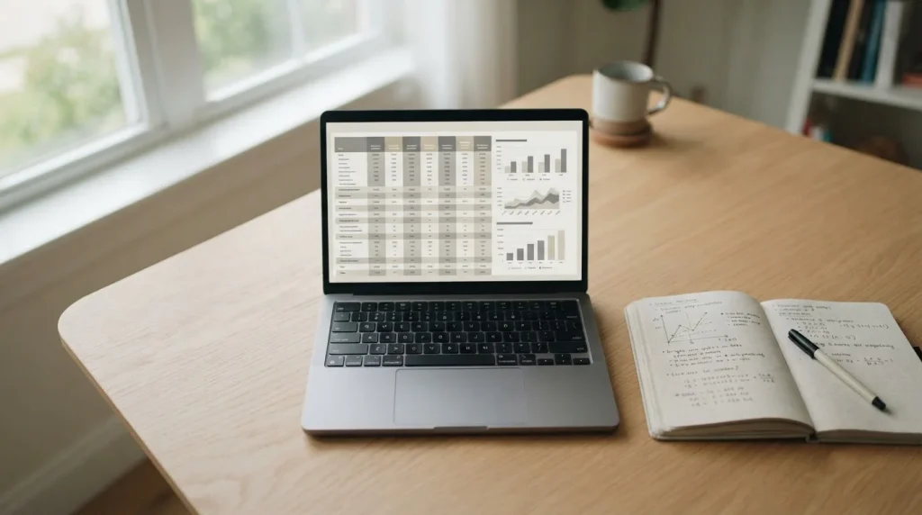 Neutraler Arbeitsplatz mit Laptop und Notizen für Sportwetten-Vergleich