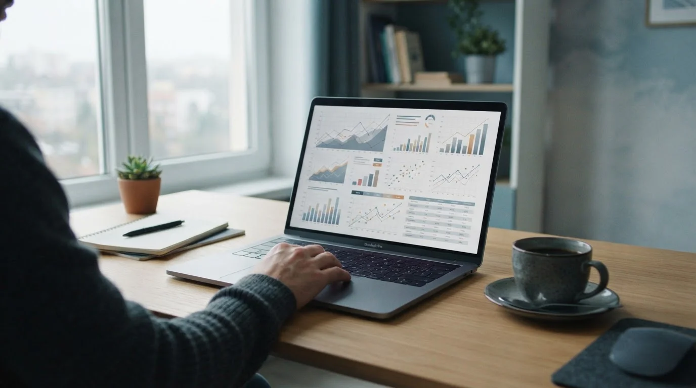 Datenbasierte Analyse mit abstrakten Statistiken und Diagrammen auf Laptop-Display