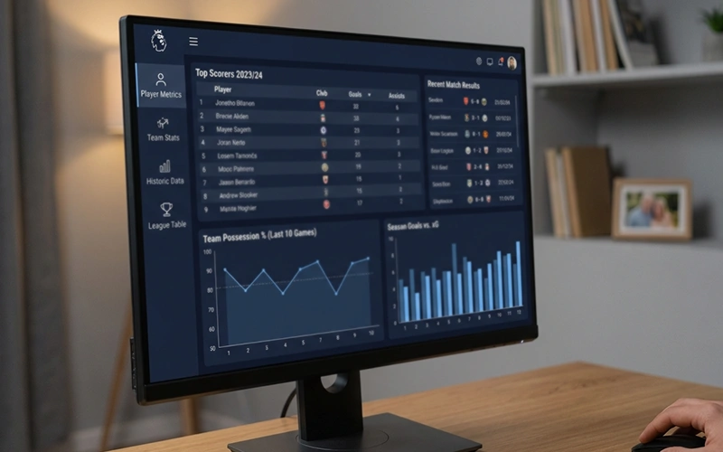 Bildschirm zeigt detaillierte Fußballstatistiken und Spielerdaten