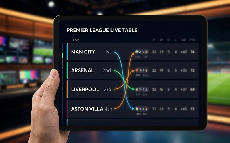 Komplexe Tabellenansicht mit verbundenen Spielergebnissen und Auswirkungen