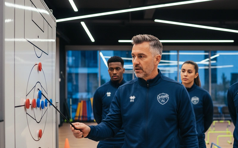 Fußballtrainer bespricht Taktik mit Spielern an einer Taktiktafel