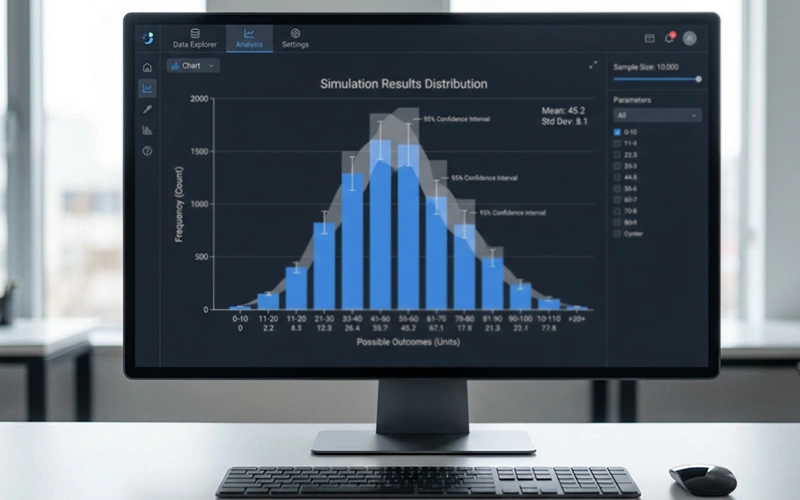 Histogramm zeigt Verteilung der Simulationsergebnisse mit Unsicherheitsbereichen